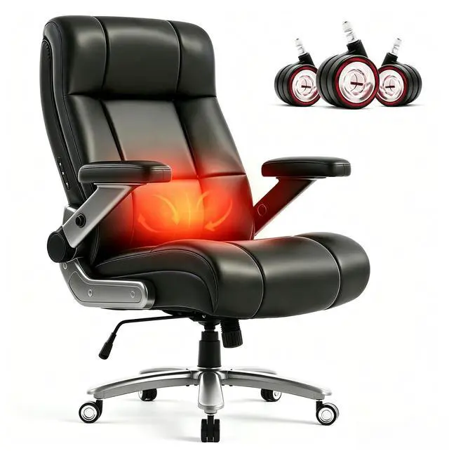 Main image of Big and Tall Office Chair with Massage Heat for Heavy Duty People | 7.09'' Extra Wide Seat,Flip Arms, Leather Ergonomic with Thick Spring Cushion