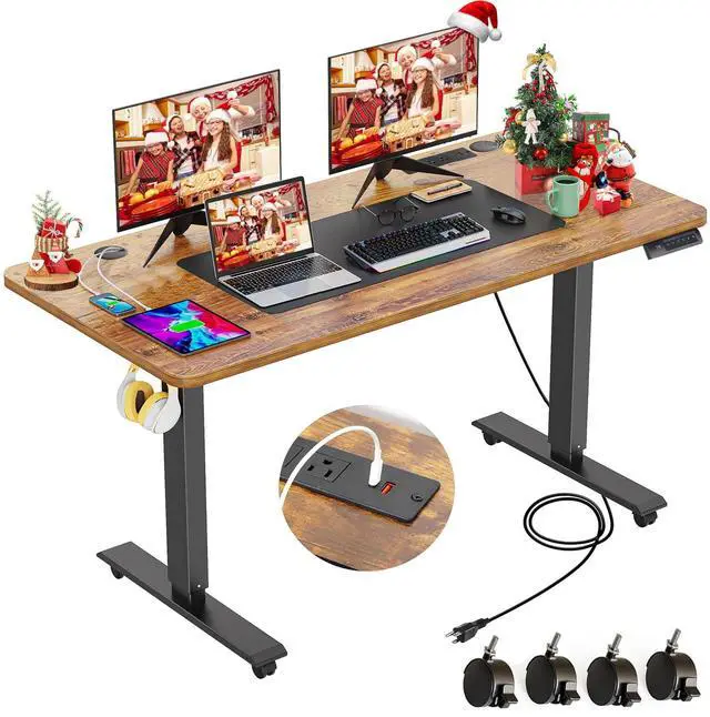 Main image of 55 x 24inch Electric Standing Desk Adjustable Height with Power Outlets, Stand up Desk with Wheels,Outlets, Mouse Pad, Preset Heights Home Office Gaming Computer Workstations TableBrown