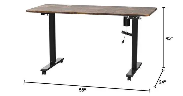 Alt view image 3 of 6 - 55 x 24inch Electric Standing Desk Adjustable Height with Power Outlets, Stand up Desk with Wheels,Outlets, Mouse Pad, Preset Heights Home Office Gaming Computer Workstations TableBrown