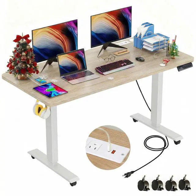 Main image of 48 x 24 inch Standing Desk Electric Adjustable Height with Power Outlets, Stand up Desk with Wheels, Preset Heights Home Office Gaming Computer Workstations TableOak