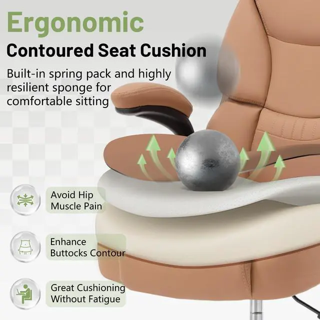 Alt view image 3 of 7 - 500LBS Drafting Chair, High Back Safer Standing Desk Chair, Executive Tall Office Chair with Flip-up Armrests, Upholstered PU Leather Task Chair, Ergonomic Seat with Adjustable Height&Foot Ring, Brown
