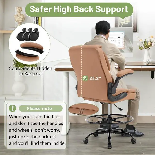 Alt view image 4 of 7 - 500LBS Drafting Chair, High Back Safer Standing Desk Chair, Executive Tall Office Chair with Flip-up Armrests, Upholstered PU Leather Task Chair, Ergonomic Seat with Adjustable Height&Foot Ring, Brown
