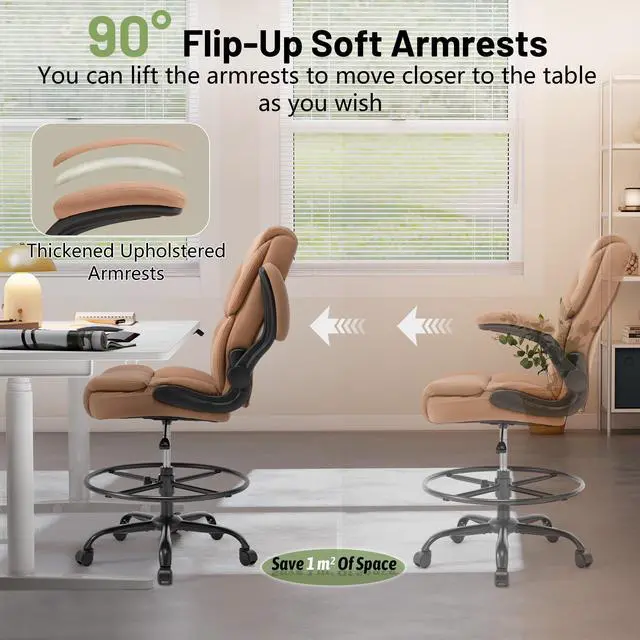 Alt view image 5 of 7 - 500LBS Drafting Chair, High Back Safer Standing Desk Chair, Executive Tall Office Chair with Flip-up Armrests, Upholstered PU Leather Task Chair, Ergonomic Seat with Adjustable Height&Foot Ring, Brown
