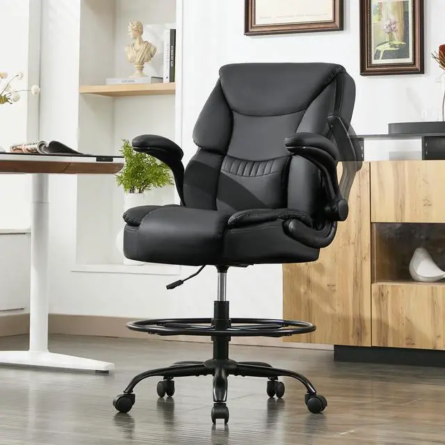 Main image of 500LBS Drafting Chair, High Back Safer Standing Desk Chair, Executive Tall Office Chair with Flip-up Armrests, Upholstered PU Leather Task Chair, Ergonomic Seat with Adjustable Height&Foot Ring, Black