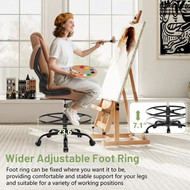 Alt view image 6 of 7 - 500LBS Drafting Chair, High Back Safer Standing Desk Chair, Executive Tall Office Chair with Flip-up Armrests, Upholstered PU Leather Task Chair, Ergonomic Seat with Adjustable Height&Foot Ring, Brown