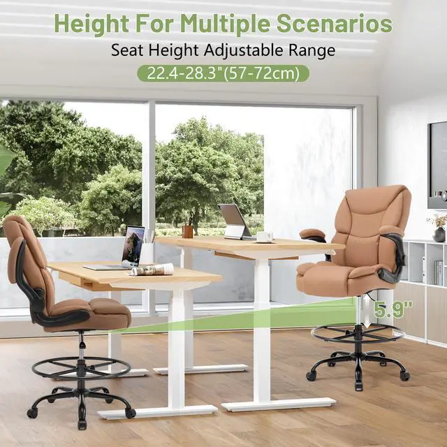 Alt view image 7 of 7 - 500LBS Drafting Chair, High Back Safer Standing Desk Chair, Executive Tall Office Chair with Flip-up Armrests, Upholstered PU Leather Task Chair, Ergonomic Seat with Adjustable Height&Foot Ring, Brown