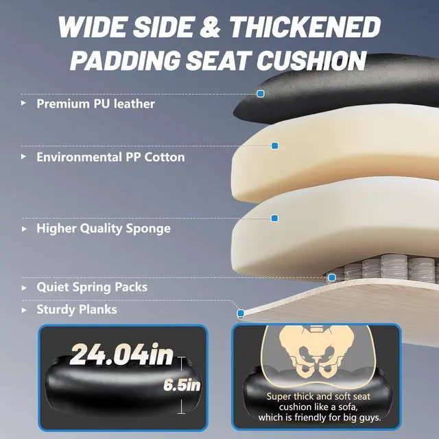 Alt view image 5 of 7 - 800LBS Big and Tall Office Chair for Heavy People, Heavy Duty Executive Chair with High Back, Extra Wide Seat and Adjustable Lumbar, Large Computer Desk Chair Comfortable for Home Office