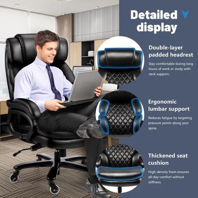 Alt view image 7 of 7 - 800LBS Big and Tall Office Chair for Heavy People, Heavy Duty Executive Chair with High Back, Extra Wide Seat and Adjustable Lumbar, Large Computer Desk Chair Comfortable for Home Office