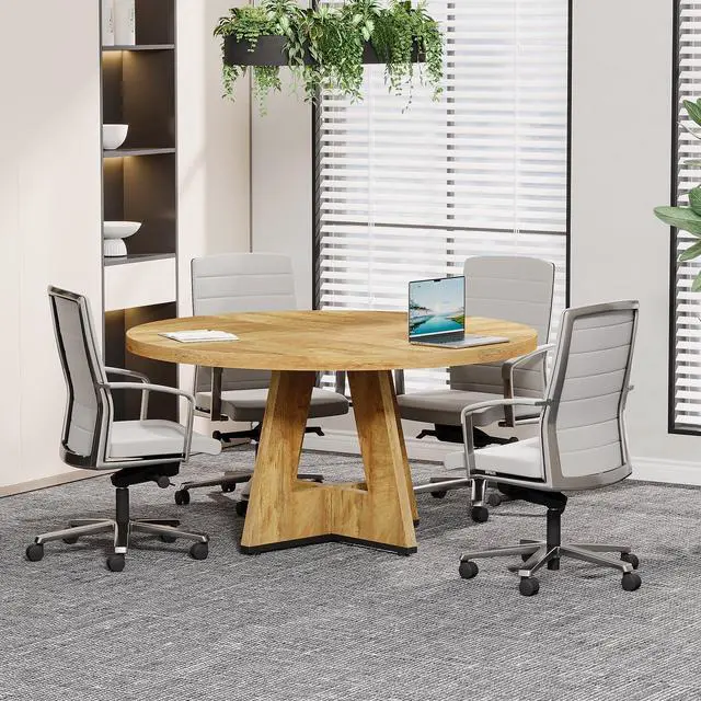Alt view image 3 of 7 - 47-Inch Round Conference Table for 4-6 People, Wooden Meeting Room Table with Thicken Tabletop and Wood Base (Natural)