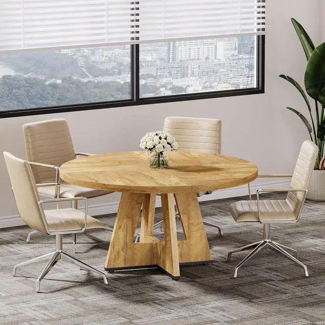 Alt view image 5 of 7 - 47-Inch Round Conference Table for 4-6 People, Wooden Meeting Room Table with Thicken Tabletop and Wood Base (Natural)