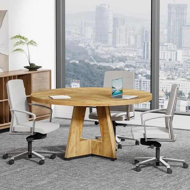 Alt view image 4 of 7 - 47-Inch Round Conference Table for 4-6 People, Wooden Meeting Room Table with Thicken Tabletop and Wood Base (Natural)