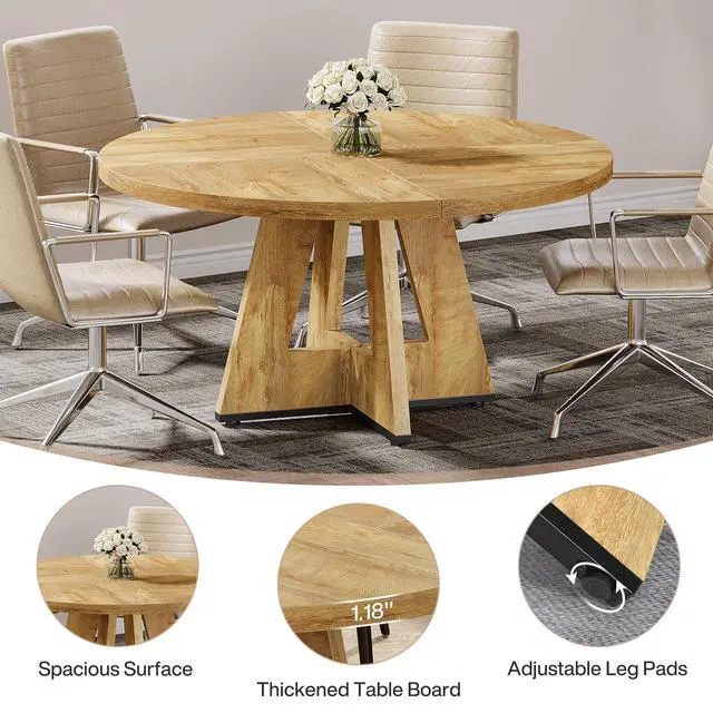 Alt view image 7 of 7 - 47-Inch Round Conference Table for 4-6 People, Wooden Meeting Room Table with Thicken Tabletop and Wood Base (Natural)