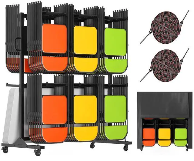 Main image of Folding Chair Rack and Table Cart for 12 Tables or 84 Chairs | Heavy-Duty Folding Chair Cart with 1100 LBS Capacity, Wheels, 2 Elastic Cords and Cover, Glossy Black