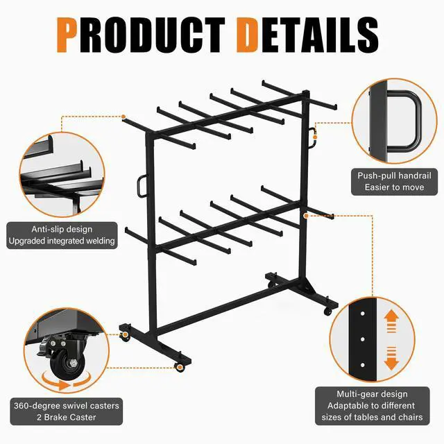 Alt view image 3 of 7 - Folding Chair Rack and Table Cart for 12 Tables or 84 Chairs | Heavy-Duty Folding Chair Cart with 1100 LBS Capacity, Wheels, 2 Elastic Cords and Cover, Glossy Black