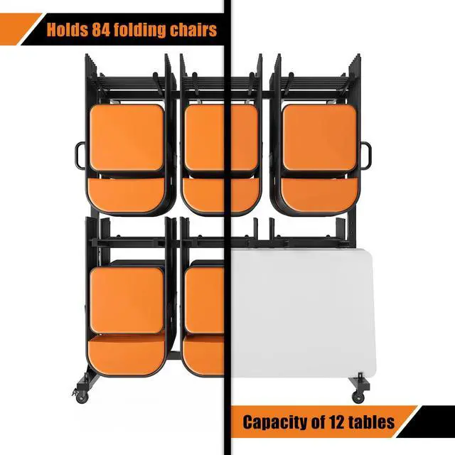 Alt view image 4 of 7 - Folding Chair Rack and Table Cart for 12 Tables or 84 Chairs | Heavy-Duty Folding Chair Cart with 1100 LBS Capacity, Wheels, 2 Elastic Cords and Cover, Glossy Black