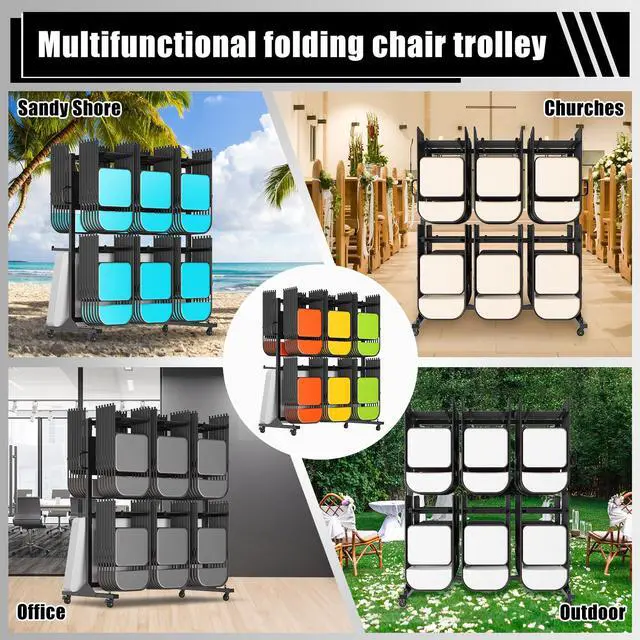 Alt view image 5 of 7 - Folding Chair Rack and Table Cart for 12 Tables or 84 Chairs | Heavy-Duty Folding Chair Cart with 1100 LBS Capacity, Wheels, 2 Elastic Cords and Cover, Glossy Black