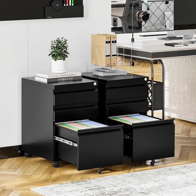 Alt view image 2 of 7 - 3 Drawer Mobile File Cabinet with Lock Rolling Mobile File Cabinet Locking Office Mobile Cabinet with Wheels Under Desk Office Drawers Metal Filing Cabinet Fully Assembled