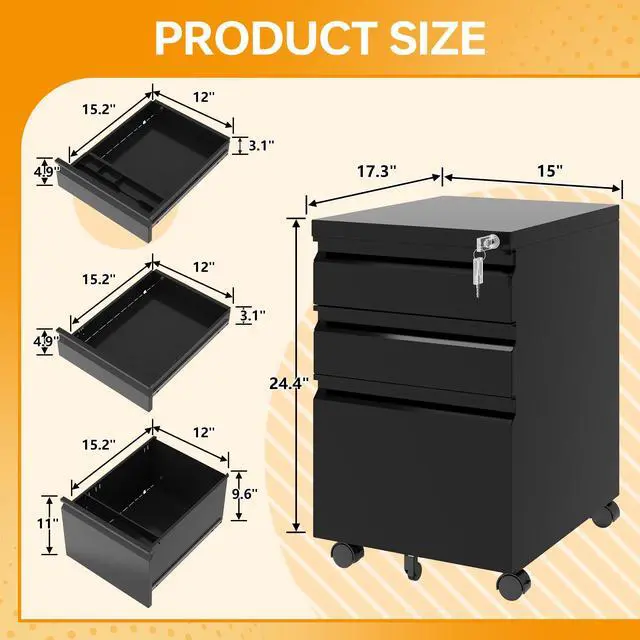 Alt view image 3 of 7 - 3 Drawer Mobile File Cabinet with Lock Rolling Mobile File Cabinet Locking Office Mobile Cabinet with Wheels Under Desk Office Drawers Metal Filing Cabinet Fully Assembled