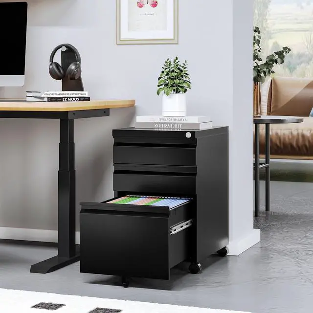 Alt view image 4 of 7 - 3 Drawer Mobile File Cabinet with Lock Rolling Mobile File Cabinet Locking Office Mobile Cabinet with Wheels Under Desk Office Drawers Metal Filing Cabinet Fully Assembled