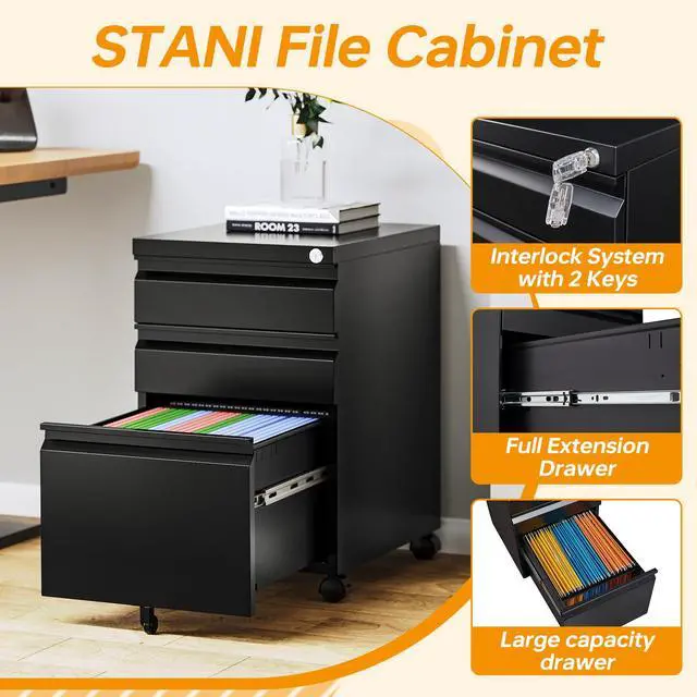 Alt view image 5 of 7 - 3 Drawer Mobile File Cabinet with Lock Rolling Mobile File Cabinet Locking Office Mobile Cabinet with Wheels Under Desk Office Drawers Metal Filing Cabinet Fully Assembled