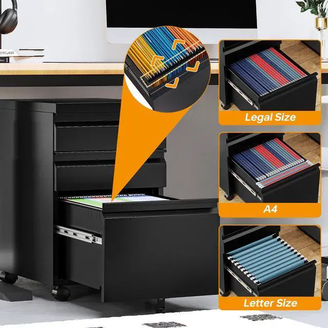 Alt view image 6 of 7 - 3 Drawer Mobile File Cabinet with Lock Rolling Mobile File Cabinet Locking Office Mobile Cabinet with Wheels Under Desk Office Drawers Metal Filing Cabinet Fully Assembled