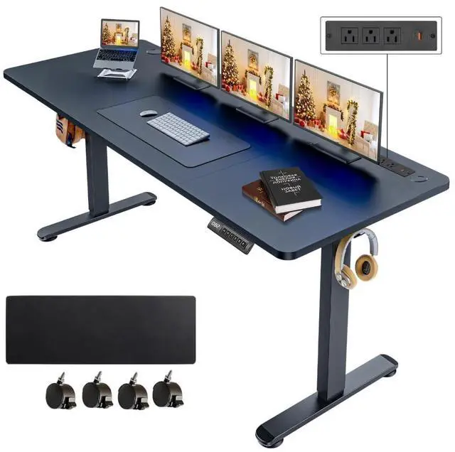 Main image of Electric Standing Desk with Power Outlets and USB-C Port, 63 x 24 Inches Adjustable Height Sit Stand Up Desk for Home Office, Adjustable Desk with Memory Preset and Wheels, Black