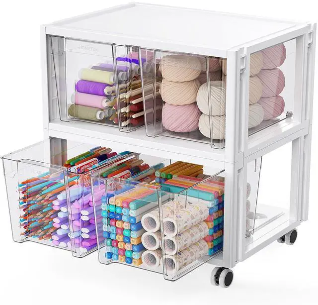 Main image of Stackable Storage Drawer Carts, Extra Large Bins 2 Tier 4 Drawers | Smooth Pull-Out Drawers, Clear Plastic Drawer with 2 Set Wheels For Home Office Bedroom Bathroom Art Crafts Under Desk