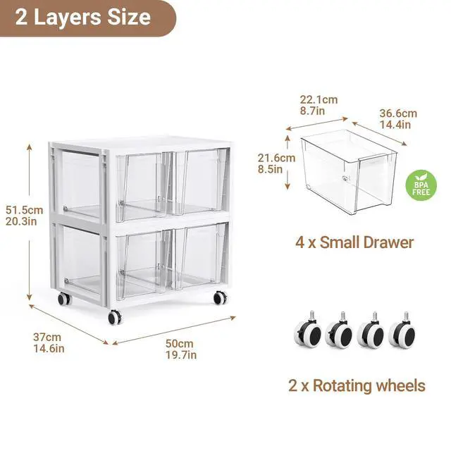 Alt view image 2 of 7 - Stackable Storage Drawer Carts, Extra Large Bins 2 Tier 4 Drawers | Smooth Pull-Out Drawers, Clear Plastic Drawer with 2 Set Wheels For Home Office Bedroom Bathroom Art Crafts Under Desk