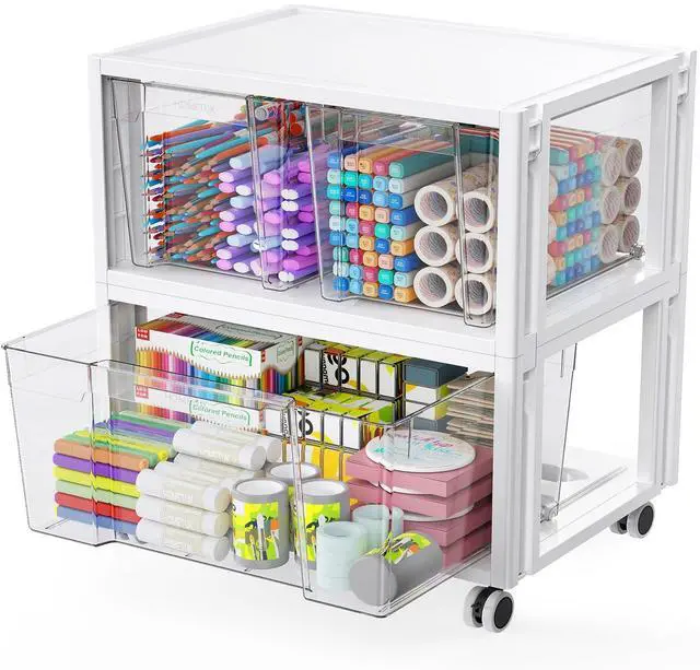 Main image of Stackable Storage Drawer Carts, Extra Large Bins 2 Tier 3 Drawers | Smooth Pull-Out Drawers, Clear Plastic Storage Organizer Container For Home Office Bedroom Bathroom Art Crafts Under Desk