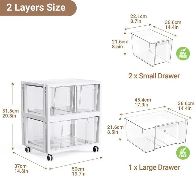 Alt view image 2 of 7 - Stackable Storage Drawer Carts, Extra Large Bins 2 Tier 3 Drawers | Smooth Pull-Out Drawers, Clear Plastic Storage Organizer Container For Home Office Bedroom Bathroom Art Crafts Under Desk