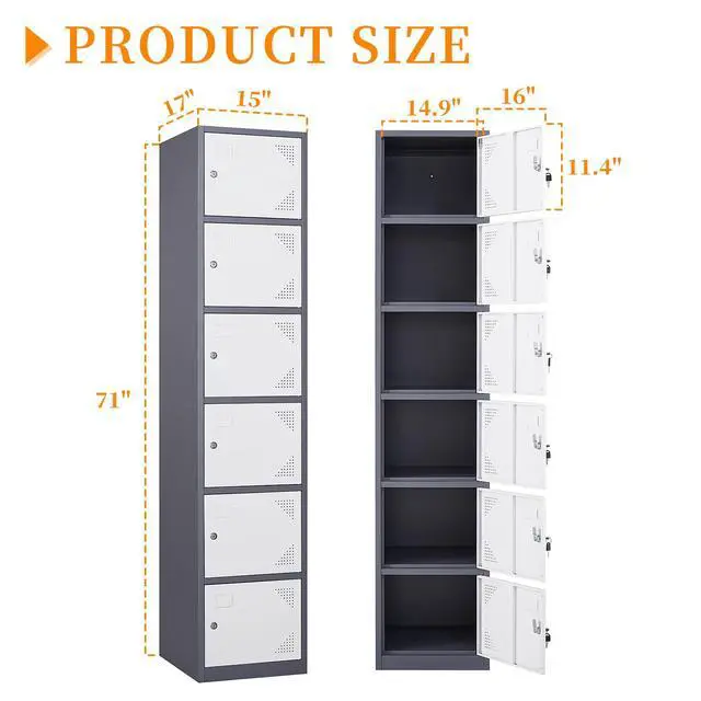 Alt view image 3 of 7 - Metal Locker with 6 Doors, 71" Lockers for Employees Steel Storage Locker, Lockable Locker Cabinet for School, Gym, Home Office and GarageGrey White