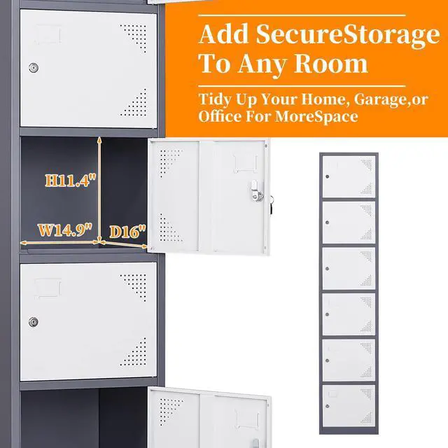 Alt view image 4 of 7 - Metal Locker with 6 Doors, 71" Lockers for Employees Steel Storage Locker, Lockable Locker Cabinet for School, Gym, Home Office and GarageGrey White