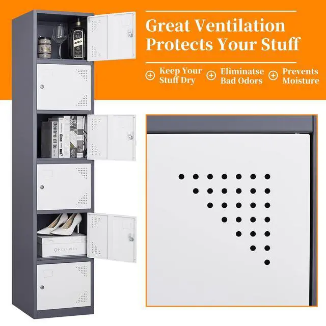 Alt view image 5 of 7 - Metal Locker with 6 Doors, 71" Lockers for Employees Steel Storage Locker, Lockable Locker Cabinet for School, Gym, Home Office and GarageGrey White