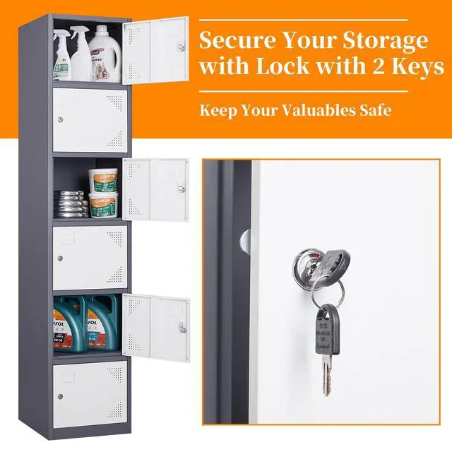 Alt view image 6 of 7 - Metal Locker with 6 Doors, 71" Lockers for Employees Steel Storage Locker, Lockable Locker Cabinet for School, Gym, Home Office and GarageGrey White