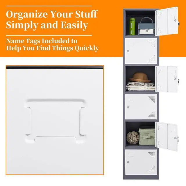 Alt view image 7 of 7 - Metal Locker with 6 Doors, 71" Lockers for Employees Steel Storage Locker, Lockable Locker Cabinet for School, Gym, Home Office and GarageGrey White