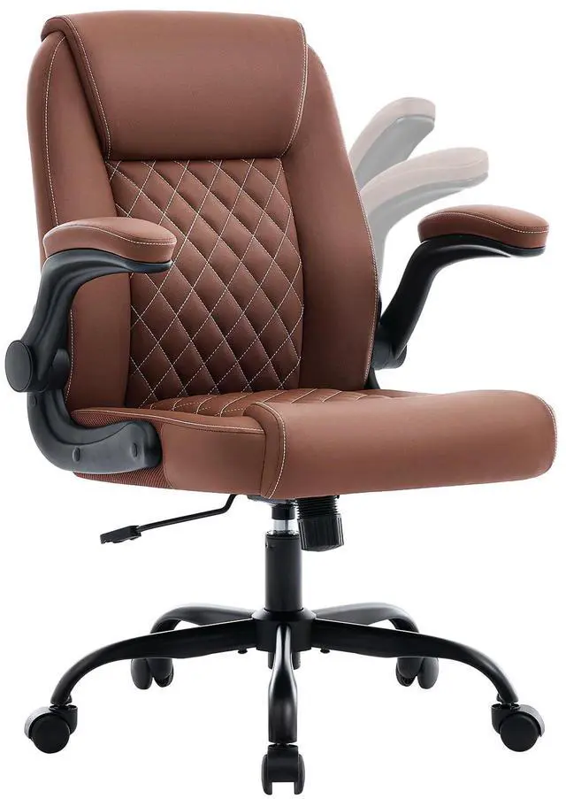 Main image of Executive Office Chair with Lumbar Support & Flip-up Arms, Brown | Ergonomic Desk Chair, 90115° Tilt & Rocking, 20.1" Wide Seat, PU Leather, for Home Offices & Conference Rooms, 300Lbs