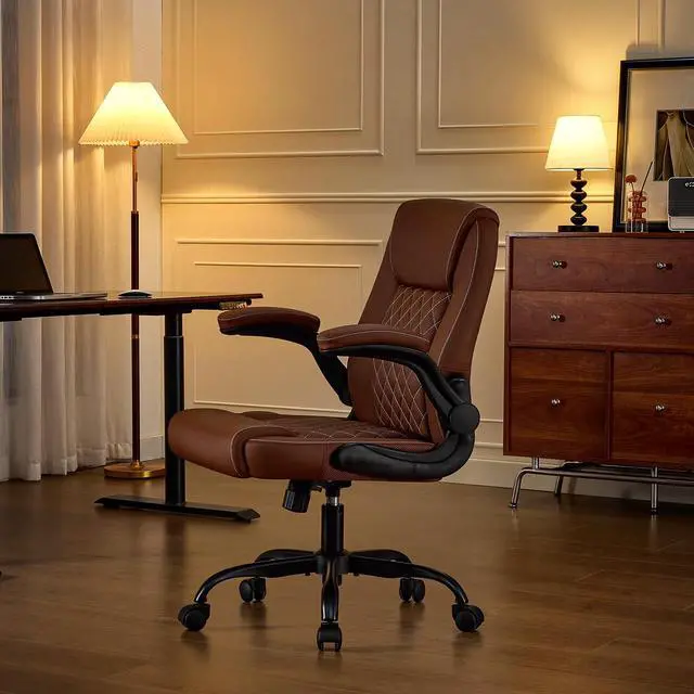 Alt view image 2 of 7 - Executive Office Chair with Lumbar Support & Flip-up Arms, Brown | Ergonomic Desk Chair, 90115° Tilt & Rocking, 20.1" Wide Seat, PU Leather, for Home Offices & Conference Rooms, 300Lbs