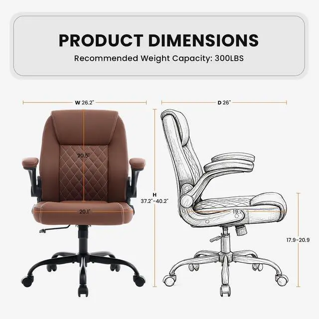 Alt view image 3 of 7 - Executive Office Chair with Lumbar Support & Flip-up Arms, Brown | Ergonomic Desk Chair, 90115° Tilt & Rocking, 20.1" Wide Seat, PU Leather, for Home Offices & Conference Rooms, 300Lbs