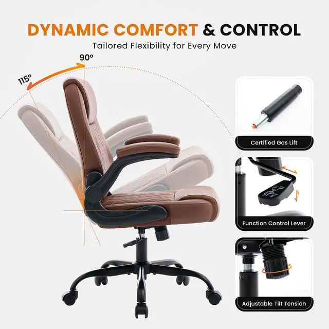 Alt view image 5 of 7 - Executive Office Chair with Lumbar Support & Flip-up Arms, Brown | Ergonomic Desk Chair, 90115° Tilt & Rocking, 20.1" Wide Seat, PU Leather, for Home Offices & Conference Rooms, 300Lbs