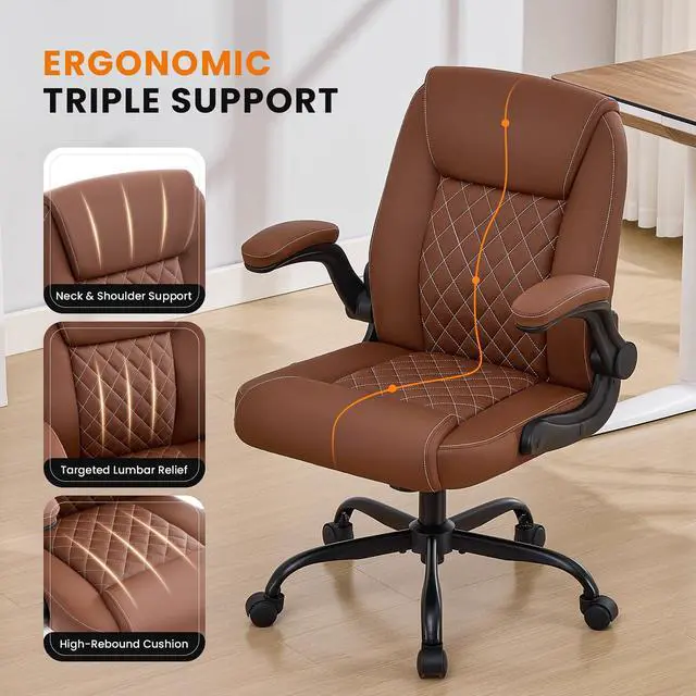 Alt view image 7 of 7 - Executive Office Chair with Lumbar Support & Flip-up Arms, Brown | Ergonomic Desk Chair, 90115° Tilt & Rocking, 20.1" Wide Seat, PU Leather, for Home Offices & Conference Rooms, 300Lbs