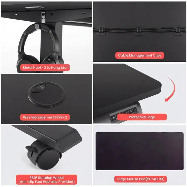 Alt view image 7 of 7 - Electric Standing Desk with Power Outlets and USB-C Port, 63 x 24 Inches Adjustable Height Sit Stand Up Desk for Home Office, Adjustable Desk with Memory Preset and Wheels, Black