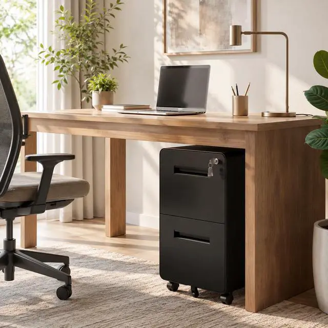 Alt view image 2 of 7 - 2 Drawer File Cabinet with Lock, Fully Assembled Mobile Cabinet | 25"H x 16"W x 18"D, Metal Filing Cabinet on Wheels for Home Office, Under Desk Storage Cabinet for Letters/Legal/A4