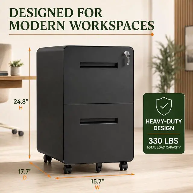 Alt view image 3 of 7 - 2 Drawer File Cabinet with Lock, Fully Assembled Mobile Cabinet | 25"H x 16"W x 18"D, Metal Filing Cabinet on Wheels for Home Office, Under Desk Storage Cabinet for Letters/Legal/A4