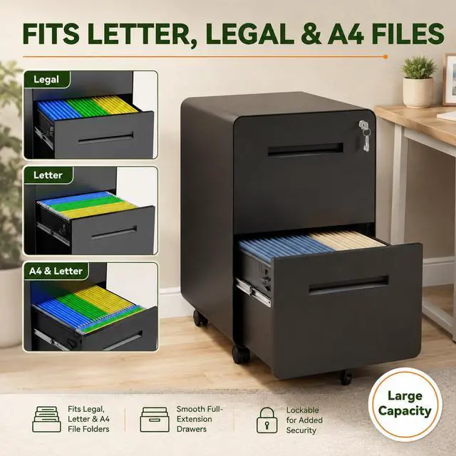 Alt view image 4 of 7 - 2 Drawer File Cabinet with Lock, Fully Assembled Mobile Cabinet | 25"H x 16"W x 18"D, Metal Filing Cabinet on Wheels for Home Office, Under Desk Storage Cabinet for Letters/Legal/A4