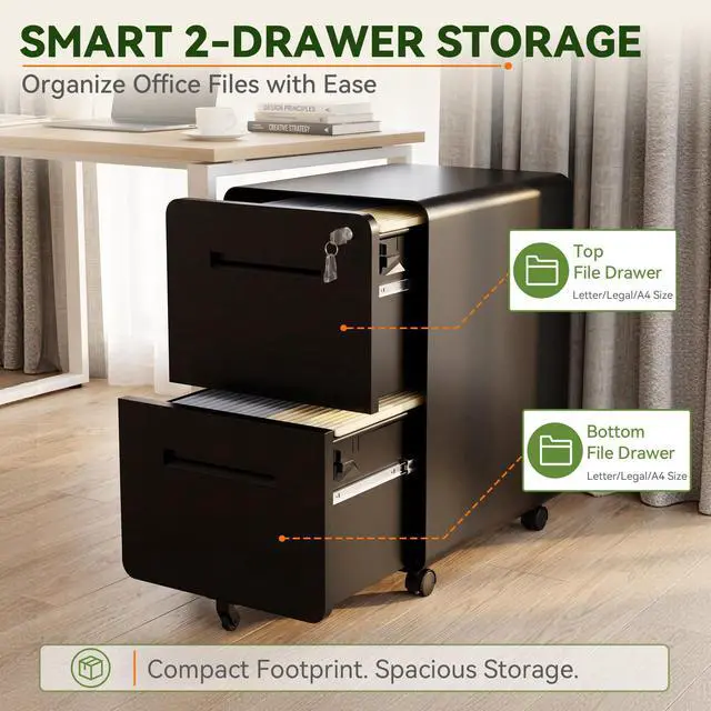 Alt view image 5 of 7 - 2 Drawer File Cabinet with Lock, Fully Assembled Mobile Cabinet | 25"H x 16"W x 18"D, Metal Filing Cabinet on Wheels for Home Office, Under Desk Storage Cabinet for Letters/Legal/A4