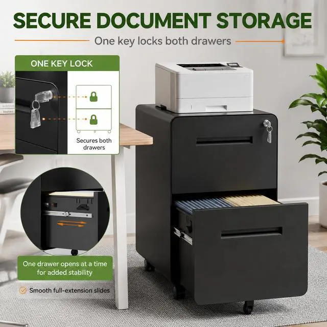 Alt view image 6 of 7 - 2 Drawer File Cabinet with Lock, Fully Assembled Mobile Cabinet | 25"H x 16"W x 18"D, Metal Filing Cabinet on Wheels for Home Office, Under Desk Storage Cabinet for Letters/Legal/A4