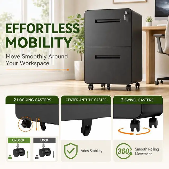 Alt view image 7 of 7 - 2 Drawer File Cabinet with Lock, Fully Assembled Mobile Cabinet | 25"H x 16"W x 18"D, Metal Filing Cabinet on Wheels for Home Office, Under Desk Storage Cabinet for Letters/Legal/A4