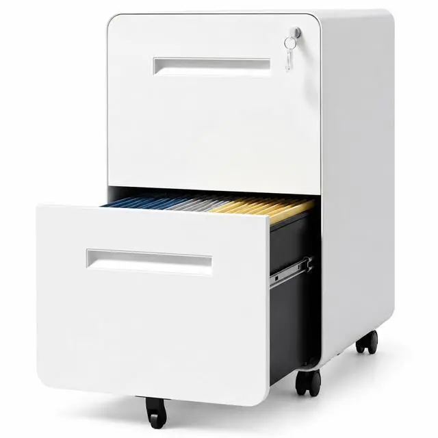 Main image of 2 Drawer File Cabinet with Lock, Fully Assembled, White | 25"H x 16"W x 18"D, Metal Filing Cabinet on Wheels for Home Office, Under Desk Storage Cabinet for Letters/Legal/A4