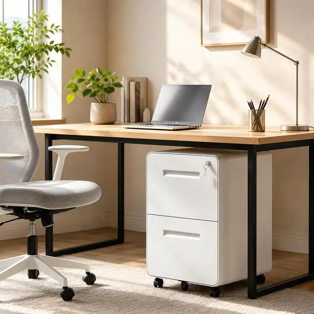 Alt view image 2 of 7 - 2 Drawer File Cabinet with Lock, Fully Assembled, White | 25"H x 16"W x 18"D, Metal Filing Cabinet on Wheels for Home Office, Under Desk Storage Cabinet for Letters/Legal/A4