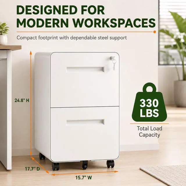 Alt view image 3 of 7 - 2 Drawer File Cabinet with Lock, Fully Assembled, White | 25"H x 16"W x 18"D, Metal Filing Cabinet on Wheels for Home Office, Under Desk Storage Cabinet for Letters/Legal/A4